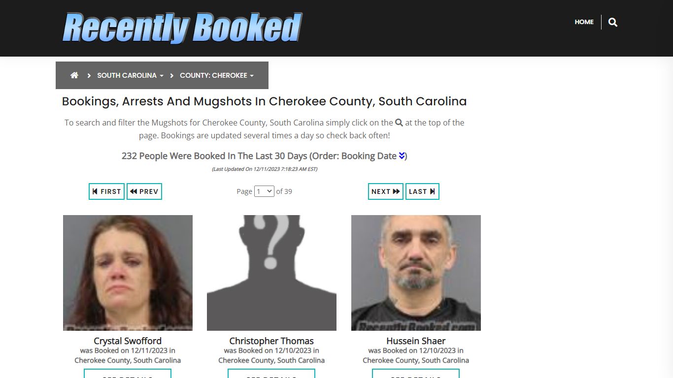 Bookings, Arrests and Mugshots in Cherokee County, South Carolina